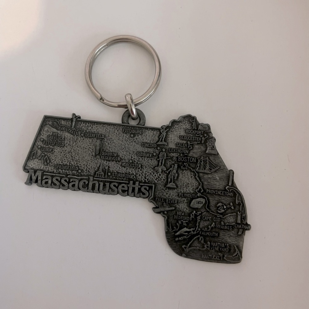 vintage massachusetts Map Keychain Pewter Klein Postcard Services Boston